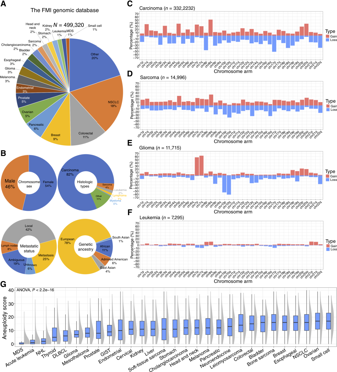 Fig. 1：Characterization of chromosomal arm–level aneuploidy in the FMI genomic database. A, Pie chart summarizing the FMI genomic database by primary cancer type. MDS, myelodysplastic syndromes. B, Donut charts summarizing the FMI genomic database by chromosome sex, histologic types, metastatic status, and genetic ancestry. C–F, Prevalence of each autosomal chromosome arm loss or gain in carcinoma (C), sarcoma (D), glioma (E), and leukemia (F). G, Distribution of aneuploidy scores in major cancer types (in each boxplot, the center line represents the median value. The lower and upper hinges correspond to the first and third quartiles, respectively, whereas the whiskers extend up to 1.5\x03 the interquartile range. This applies to all the boxplots presented in this study). DLBCL, diffuse large B-cell lymphoma; GIST, gastrointestinal stromal tumor; NHL, non–Hodgkin lymphoma.