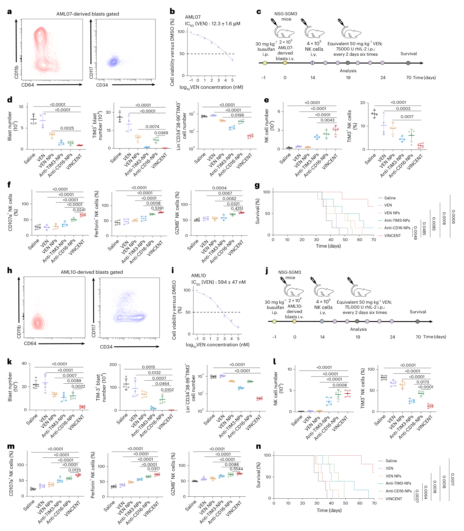 Fig. 4：VINCENT improves antileukemic effect of NK cells in AML PDX. a, The CD34/CD117 and CD64/CD11b flow plots show the immunophenotype of AML07-derived blasts. b, Viability of AML07-derived blasts treated with different concentrations of free VEN for 24 h. c, Schematic of experimental design for NK cells and VINCENT combination therapy in AML07 PDX model. d, Quantification of total, TIM3+ and Lin−CD34+CD38−CD99+TIM3+ cells in BM after treatment. e, Quantification of total NK cells and TIM3+ NK cell proportions in BM after treatment. f, Quantification of CD107a+, Perforin+ and GZMB+ NK cells proportions in BM after treatment. g, Kaplan–Meier survival curve of leukemia- bearing mice with different treatments. h, The CD34/CD117 and CD64/CD11b flow plots show the immunophenotype of AML10-derived blasts. i, Viability of AML10-derived blasts treated with different concentrations of free VEN for 24 h.